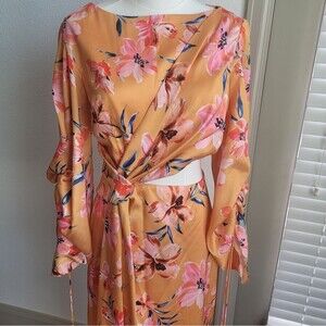 Significant Other Floral Orange and Pink  Puff Sleeve Cut Out Maxi Dress Size 4